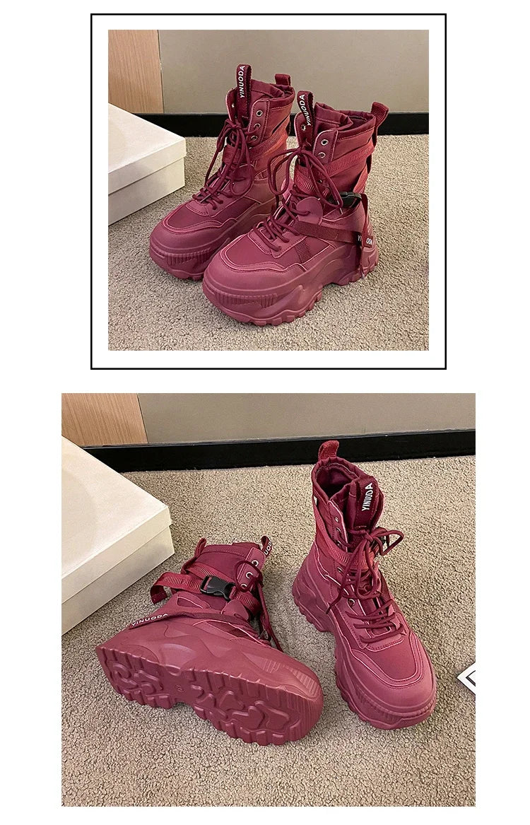 Botas De moto con plataforma gruesa para Mujer, zapatos blancos con cordones y parte inferior gruesa, botines De Mujer para Otoño e Invierno