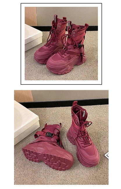 Botas De moto con plataforma gruesa para Mujer, zapatos blancos con cordones y parte inferior gruesa, botines De Mujer para Otoño e Invierno