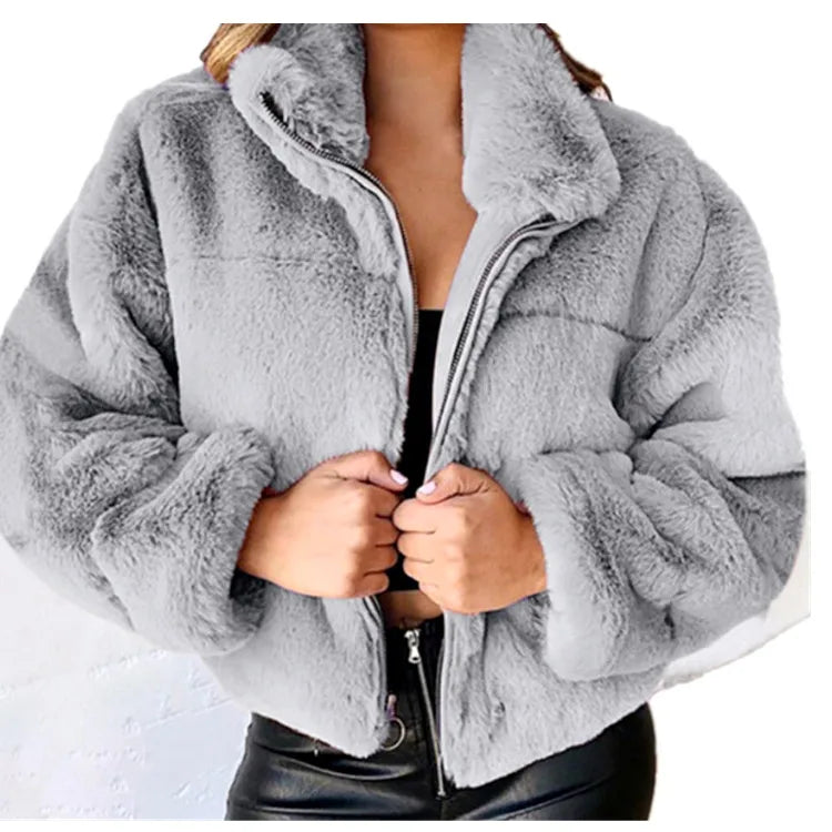 Chaqueta cálida de invierno para mujer, cárdigan con cremallera, piel sintética, moda, manga larga, cuello levantado, abrigo de felpa para mujer