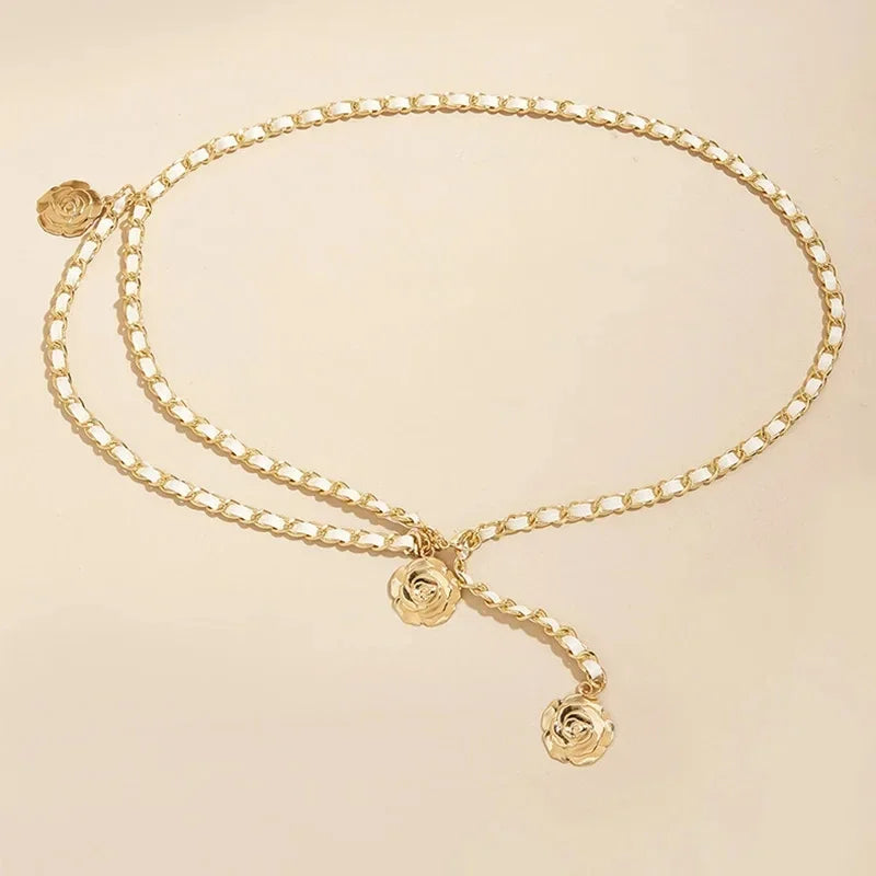 Cinturones de cadena de Metal de alta calidad para mujer, colgante de flor redonda, correa de cadena, cuerda, pretina fina para vestido, decoración de camisa.