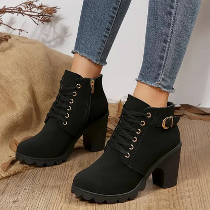 Botas antideslizantes con cordones para Mujer, zapatos De tacón alto, moda al aire libre, alta calidad, Otoño e Invierno