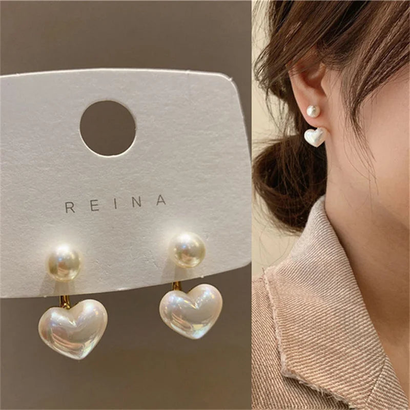 Pendientes coreanos de Metal en forma de corazón, pendientes colgantes en la espalda con perlas de cola de pez para mujeres y niñas, regalo de joyería elegante de cristal 2024
