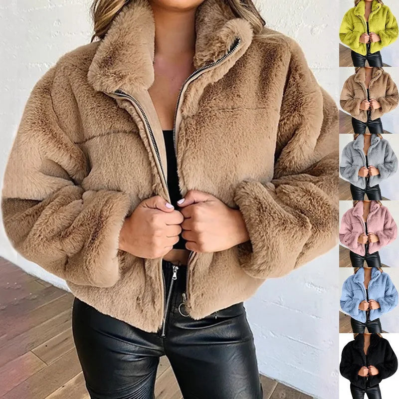 Chaqueta cálida de invierno para mujer, cárdigan con cremallera, piel sintética, moda, manga larga, cuello levantado, abrigo de felpa para mujer