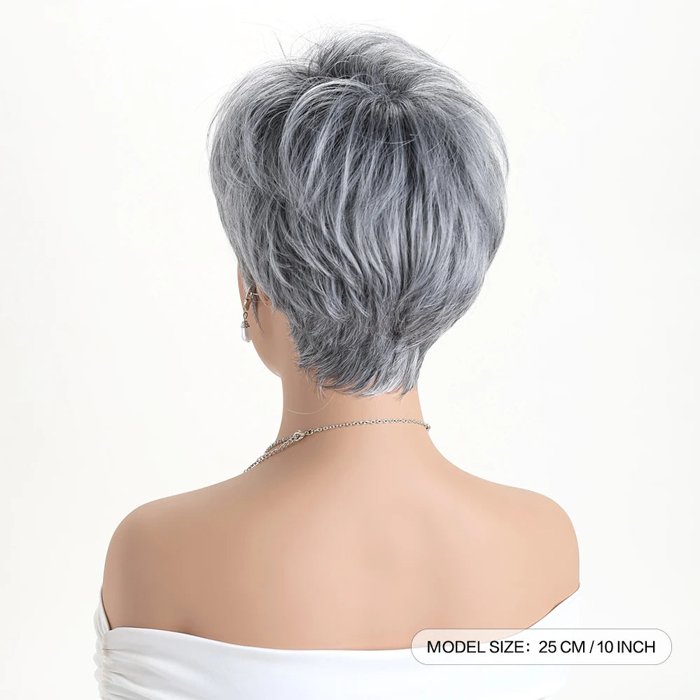 Pelucas naturales cortas con flequillo, pelo suave para mamá, uso diario, pelo sintético rizado corto gris ombré, peluca de fiesta para disfraz para mujer