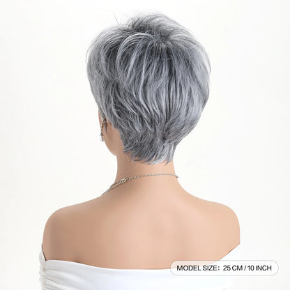 Pelucas naturales cortas con flequillo, pelo suave para mamá, uso diario, pelo sintético rizado corto gris ombré, peluca de fiesta para disfraz para mujer