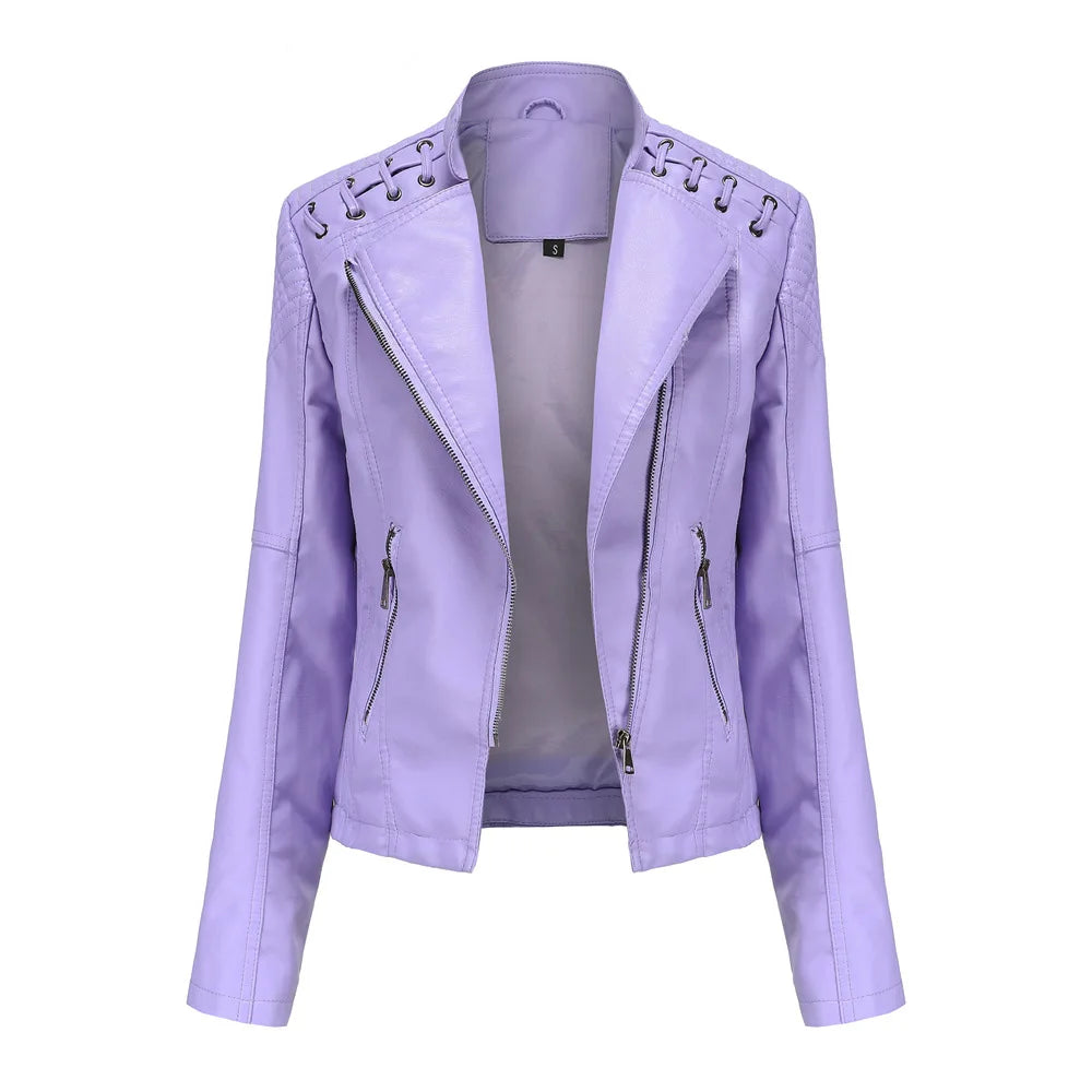 Chaqueta de cuero sintético para mujer, abrigo corto ajustado con cuello levantado y cremallera, ropa de calle para motorista, novedad de primavera y otoño.