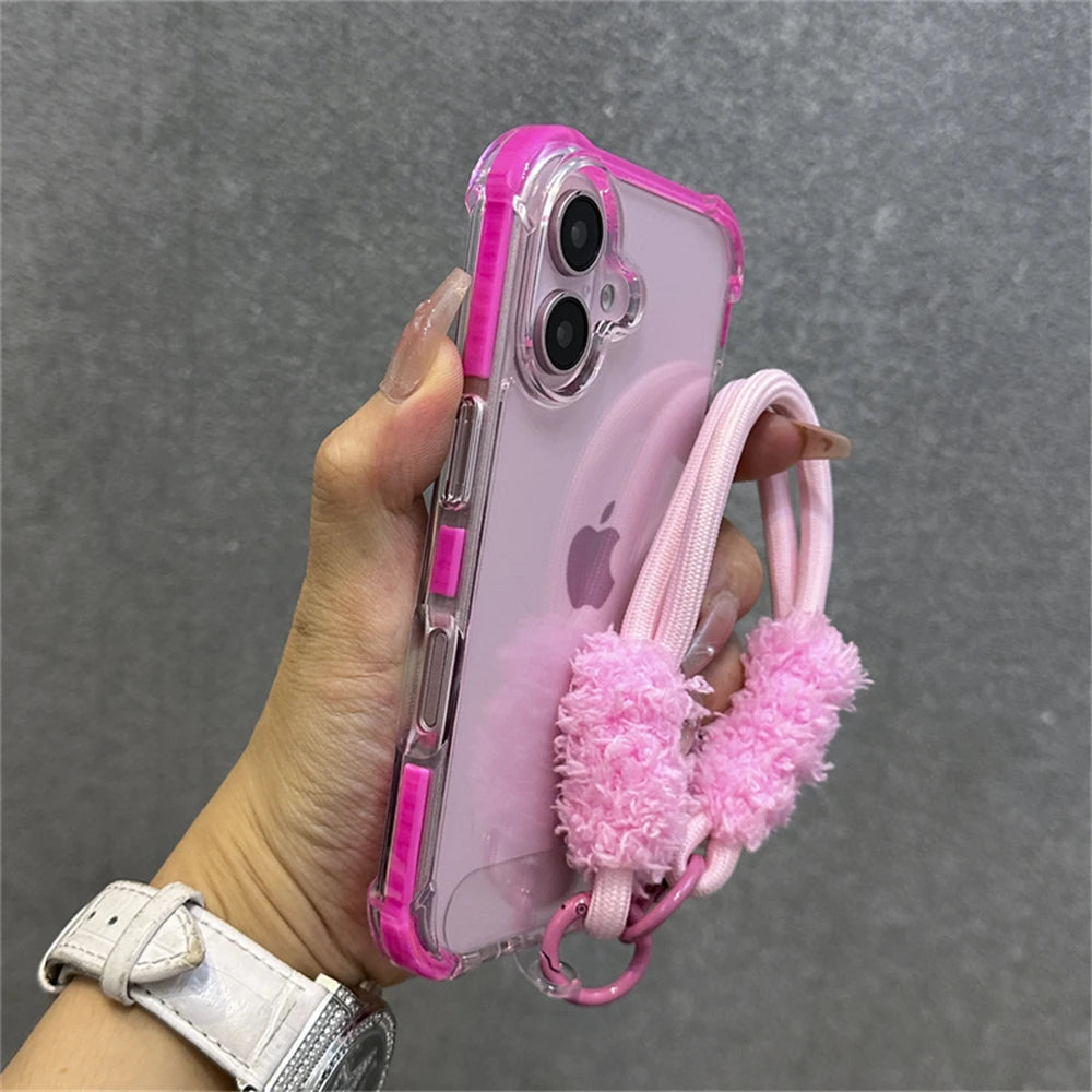 Armadura de parachoques híbrida transparente con correa para la muñeca para iPhone 15 11 12 13 14 16 Pro Max Plus X XS XR cubierta de bolsa de aire a prueba de golpes.