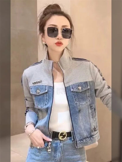 Otoño mujer cuello alto cremallera Denim abrigo coreano señoras Patchwork vaquero prendas de vestir 2025 mujer chaqueta vaquera de manga larga