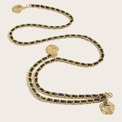 Cinturones de cadena de Metal de alta calidad para mujer, colgante de flor redonda, correa de cadena, cuerda, pretina fina para vestido, decoración de camisa.