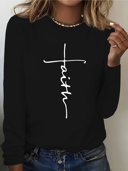 Camiseta holgada informal de algodón 100% para primavera y otoño para mujer, camiseta de manga larga con cuello redondo y estampado.