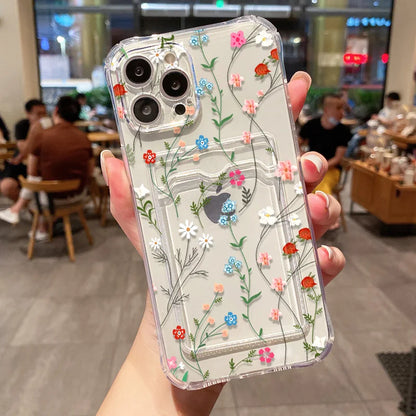 Soft Card Holder Phone Case for iPhone 13, 11, 16e, 15, 12, 14, 17, 16 Pro Max, 7 Plus, XR SE, Clear Aesthetic Flower Cover