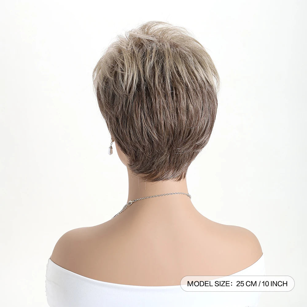 Pelucas naturales cortas con flequillo, pelo suave para mamá, uso diario, pelo sintético rizado corto gris ombré, peluca de fiesta para disfraz para mujer