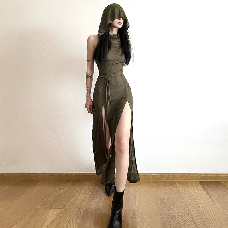 Verano Sexy estilo europeo y americano sin mangas vestido con capucha largo dividido ahueca hacia fuera el vestido de las mujeres de Color puro