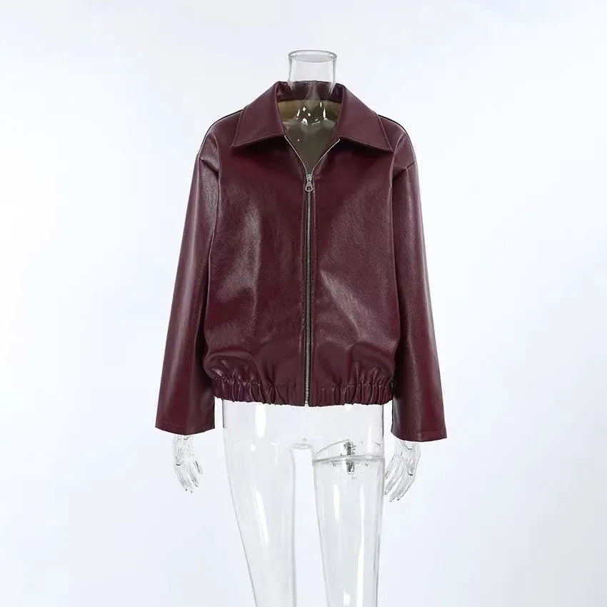 Autumn Winter Retro Leather Jacket 2026 New Women's PU Leather Jacket Short Lapel Motorcycle Loose Coat Women's Biker Leather Coat