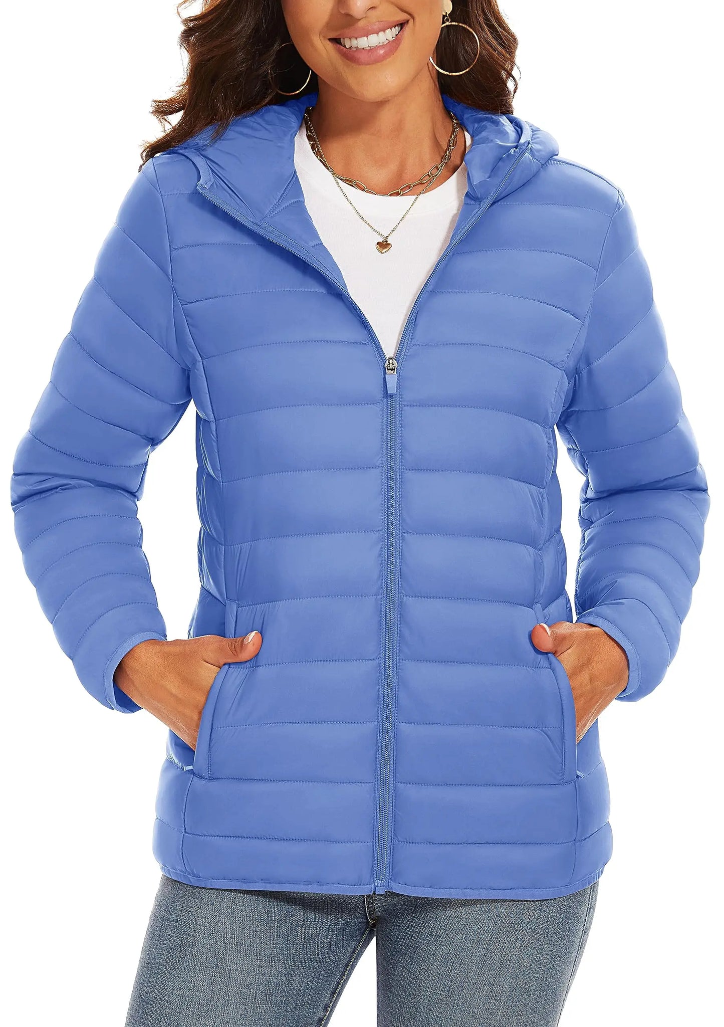 TACVASEN Chaqueta acolchada con capucha y cremallera completa para mujer, abrigos cálidos acolchados de invierno, cortavientos informal, prendas de vestir ligeras acolchadas para exteriores