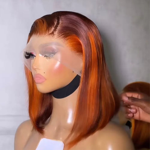Peluca Bob con Frente de Encaje Recto 13x4, 100% Cabello Humano, Color Naranja Jengibre Sedoso, 200% de Densidad, con Reflejos Naranja P4-350, Pre-Desplumada
