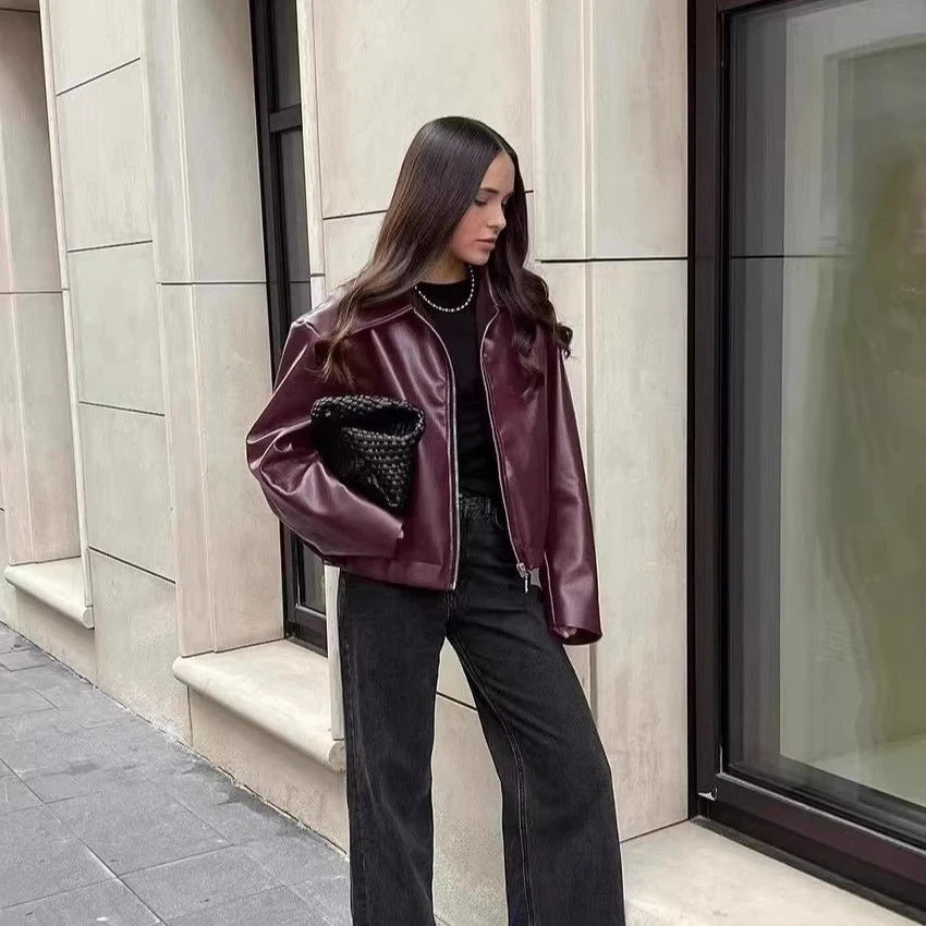 Autumn Winter Retro Leather Jacket 2026 New Women's PU Leather Jacket Short Lapel Motorcycle Loose Coat Women's Biker Leather Coat