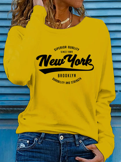 Women's 100% Pure Cotton T-Shirt, Loose and Comfortable NEW YORK Letter Print Long Sleeve Round Neck Top, Spring and Autumn