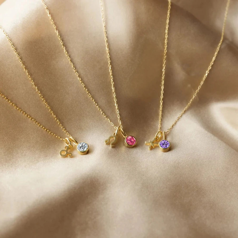 EManco - Birthstone Constellation Double Pendant Necklace, 12 Zircon Stainless Steel Jewelry, DIY Necklace.
