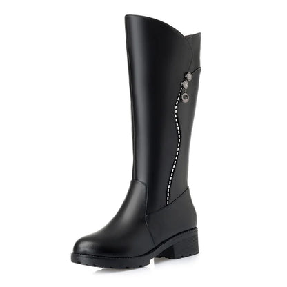 WOIZGIC, botas de piel auténtica para mujer, plataforma de lana para nieve, piel de felpa, cálido invierno, tacón medio con cremallera de talla grande 42 43