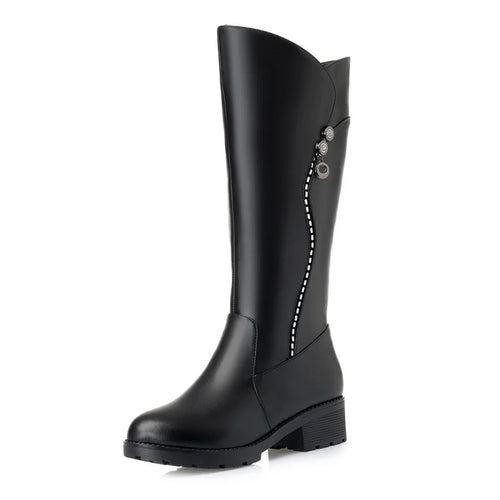 WOIZGIC, botas de piel auténtica para mujer, plataforma de lana para nieve, piel de felpa, cálido invierno, tacón medio con cremallera de talla grande 42 43