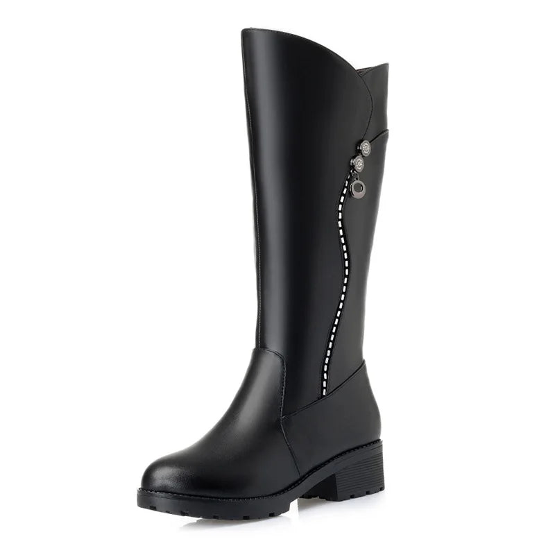WOIZGIC, botas de piel auténtica para mujer, plataforma de lana para nieve, piel de felpa, cálido invierno, tacón medio con cremallera de talla 35 a 43