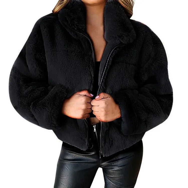 Chaqueta cálida de invierno para mujer, cárdigan con cremallera, piel sintética, moda, manga larga, cuello levantado, abrigo de felpa para mujer