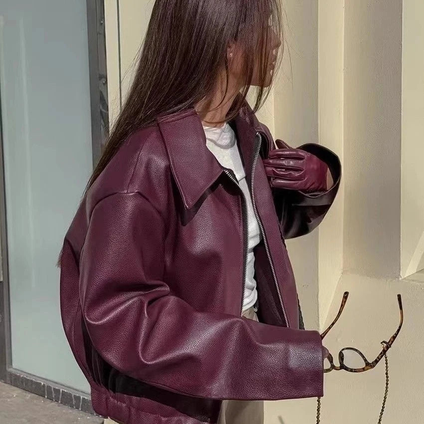 Autumn Winter Retro Leather Jacket 2026 New Women's PU Leather Jacket Short Lapel Motorcycle Loose Coat Women's Biker Leather Coat