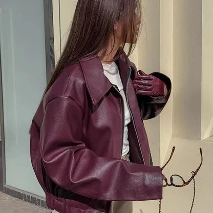 Autumn Winter Retro Leather Jacket 2026 New Women's PU Leather Jacket Short Lapel Motorcycle Loose Coat Women's Biker Leather Coat