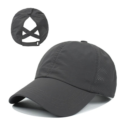 Gorra de béisbol de Color liso para mujer, sombrero de cola de caballo cruzada, malla de secado rápido, visera, Verano
