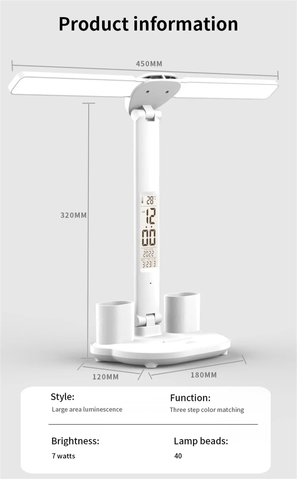 Lámpara de escritorio LED, lámpara de mesa plegable táctil regulable por USB con calendario, reloj de temperatura, luz nocturna para estudio, lámpara de lectura