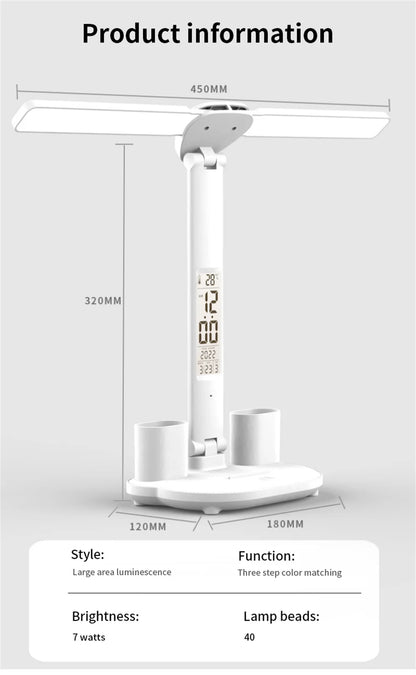 Lámpara de escritorio LED, lámpara de mesa plegable táctil regulable por USB con calendario, reloj de temperatura, luz nocturna para estudio, lámpara de lectura