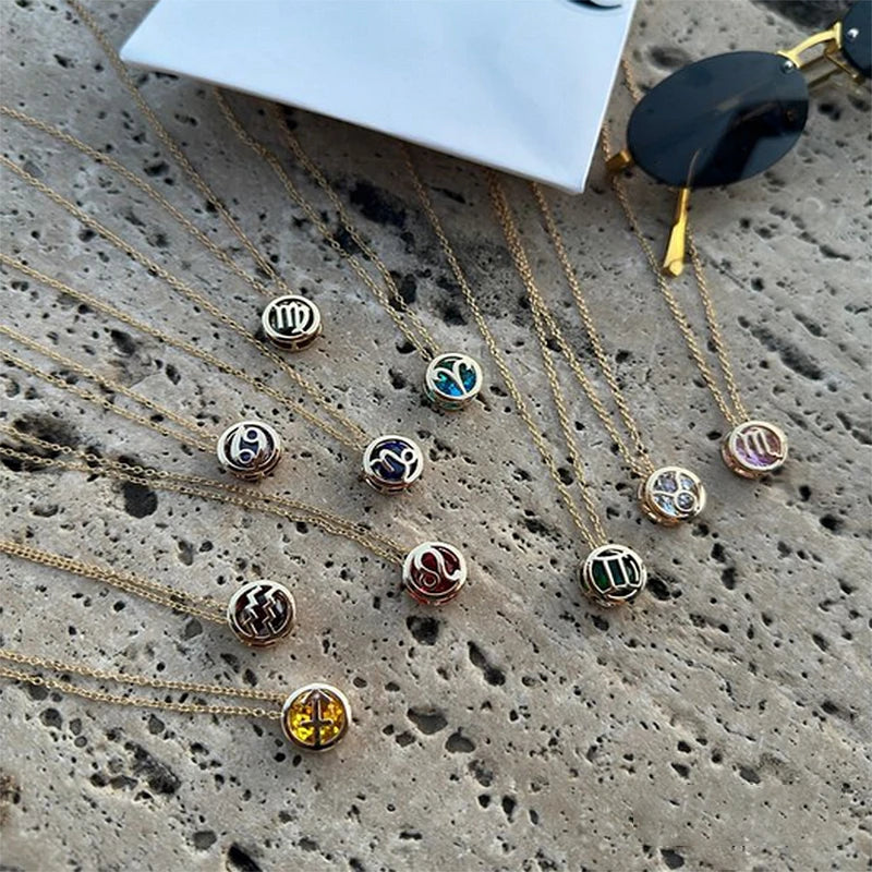 Collares con colgante de 12 constelaciones ahuecados de doble cara Retro para mujer, gargantilla de piedra natal con diamantes de imitación de cristal, signo del zodiaco