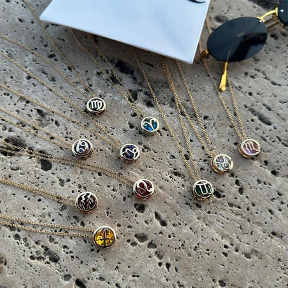 Collares con colgante de 12 constelaciones ahuecados de doble cara Retro para mujer, gargantilla de piedra natal con diamantes de imitación de cristal, signo del zodiaco