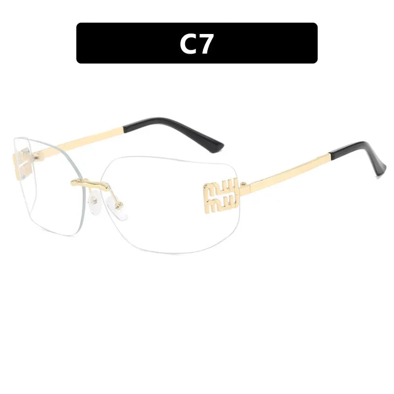 Gafas sin montura de lujo de Metal Funky para mujer, gafas clásicas con remaches de diseñador de marca, gafas de curvas con gradiente rectangular para mujer