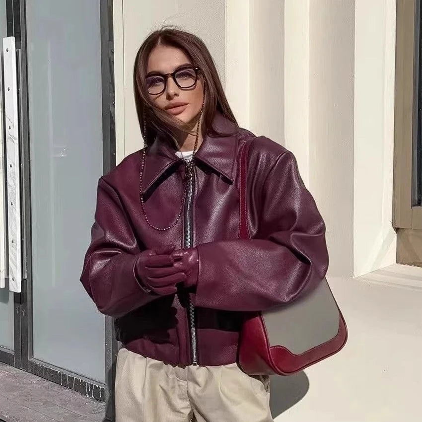 Autumn Winter Retro Leather Jacket 2026 New Women's PU Leather Jacket Short Lapel Motorcycle Loose Coat Women's Biker Leather Coat