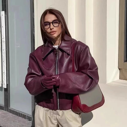 Autumn Winter Retro Leather Jacket 2026 New Women's PU Leather Jacket Short Lapel Motorcycle Loose Coat Women's Biker Leather Coat