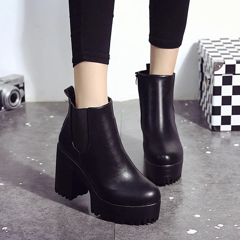 Botas de tacón cuadrado para Mujer, Zapatos con plataforma, de cuero PU, hasta el muslo, para motocicleta