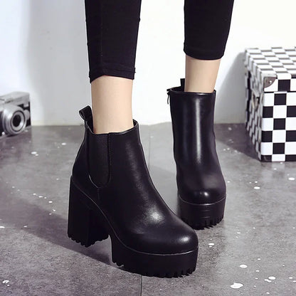 Botas de tacón cuadrado para Mujer, Zapatos con plataforma, de cuero PU, hasta el muslo, para motocicleta