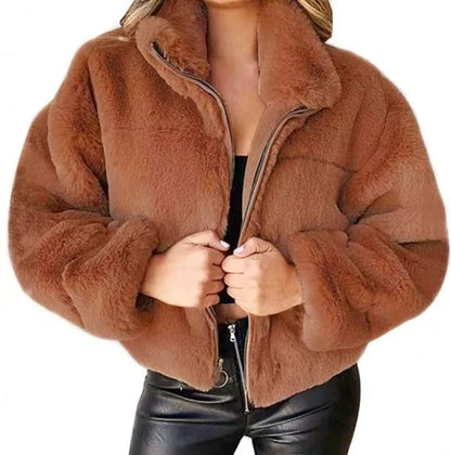 Chaqueta cálida de invierno para mujer, cárdigan con cremallera, piel sintética, moda, manga larga, cuello levantado, abrigo de felpa para mujer