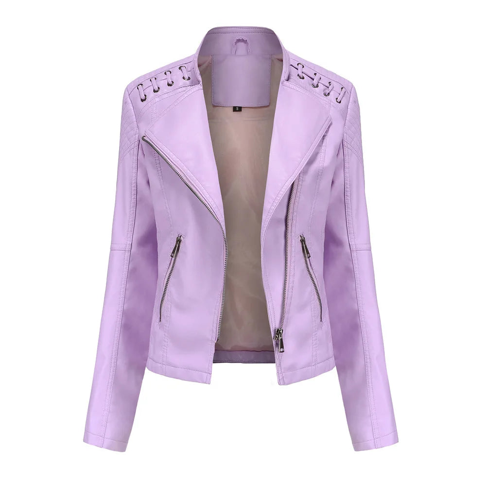 Chaqueta de cuero sintético para mujer, abrigo corto ajustado con cuello levantado y cremallera, ropa de calle para motorista, novedad de primavera y otoño.