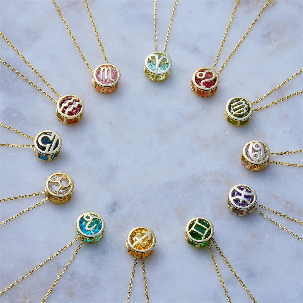 Collares con colgante de 12 constelaciones ahuecados de doble cara Retro para mujer, gargantilla de piedra natal con diamantes de imitación de cristal, signo del zodiaco
