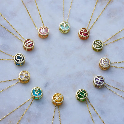 Collares con colgante de 12 constelaciones ahuecados de doble cara Retro para mujer, gargantilla de piedra natal con diamantes de imitación de cristal, signo del zodiaco