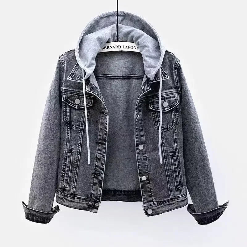 Chaqueta corta vaquera recortada para mujer primavera otoño estilo coreano nueva chaqueta con capucha de manga larga delgada suaviza tu silueta