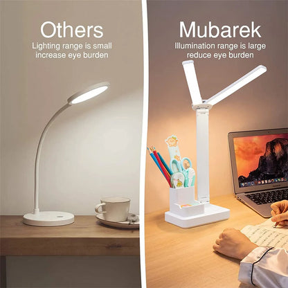 Lámpara de escritorio LED, lámpara de mesa plegable táctil regulable por USB con calendario, reloj de temperatura, luz nocturna para estudio, lámpara de lectura