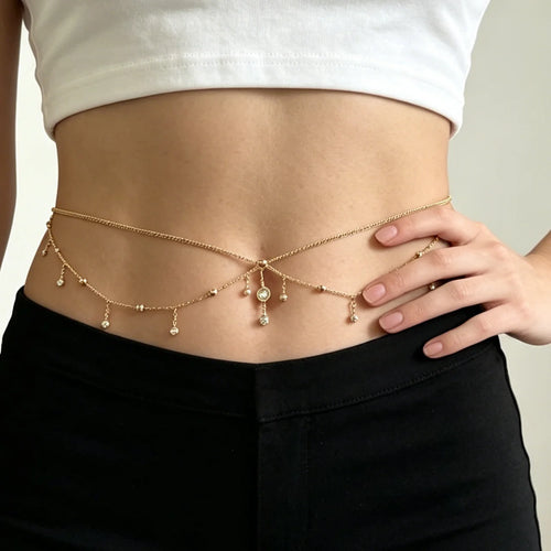 Cadena de Cintura de Doble Capa con Pedrería para Mujer, Diseño Elegante para Vacaciones en la Playa y Fiestas