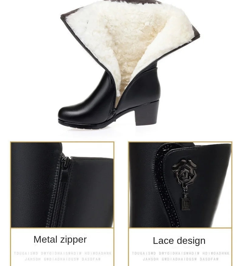 Botas de invierno para Mujer, Botas de nieve cálidas de felpa, Botas de tacón alto a media pantorrilla a la moda para Mujer, Botas de cuero de alta calidad para Mujer