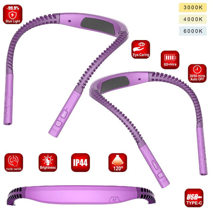 Luz LED de lectura para el cuello, 3 colores, 3 brillos, lámpara de lectura para libros, lámpara recargable por Usb, lámpara Flexible para leer el cuello y el brazo, lámpara para libros