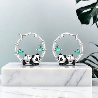 Pendientes de aro de bambú para mujer, de Plata de Ley 925 originales, con bonito Panda, joyería fina, regalos de fiesta de cumpleaños