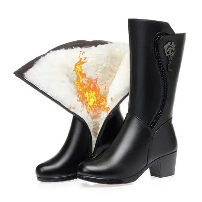 Botas de invierno para Mujer, Botas de nieve cálidas de felpa, Botas de tacón alto a media pantorrilla a la moda para Mujer, Botas de cuero de alta calidad para Mujer